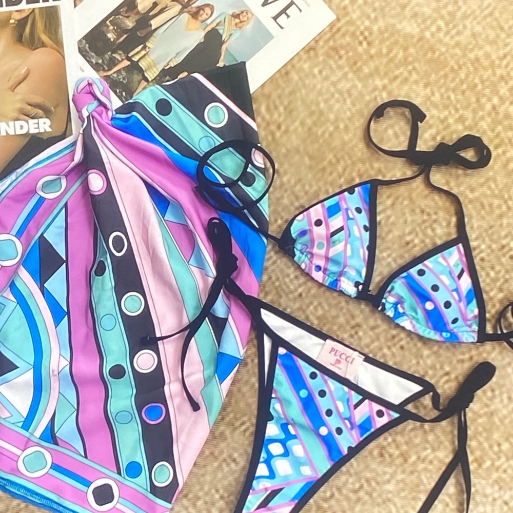 Emilio Pucci Pink Blue Black Geometric Triangle Bikini with Matching Pareo